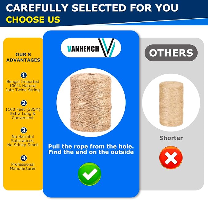 Vanhench Jute Twine Rope 1/13" x 1100FT, Natural Jute String Cord - Image 2