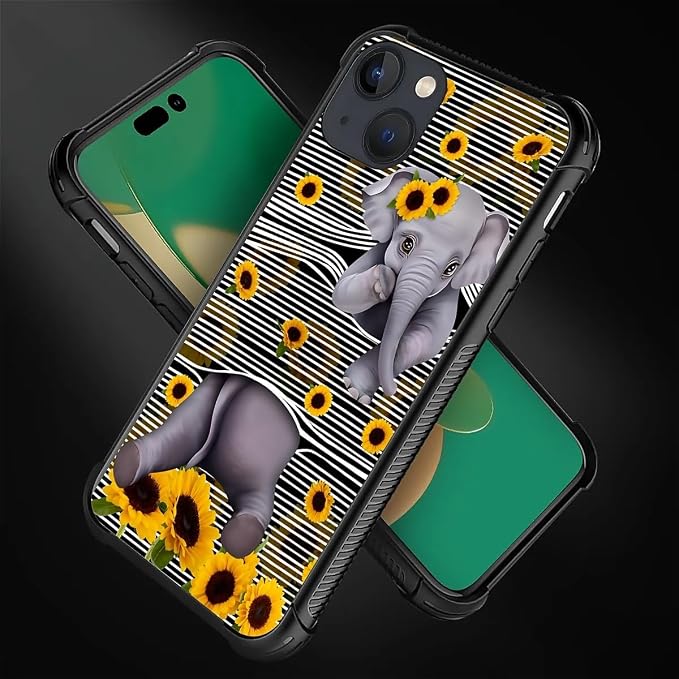for iPhone 14 Case, Cute Little Elephant Sunflower White Line Art Pattern - Image 4