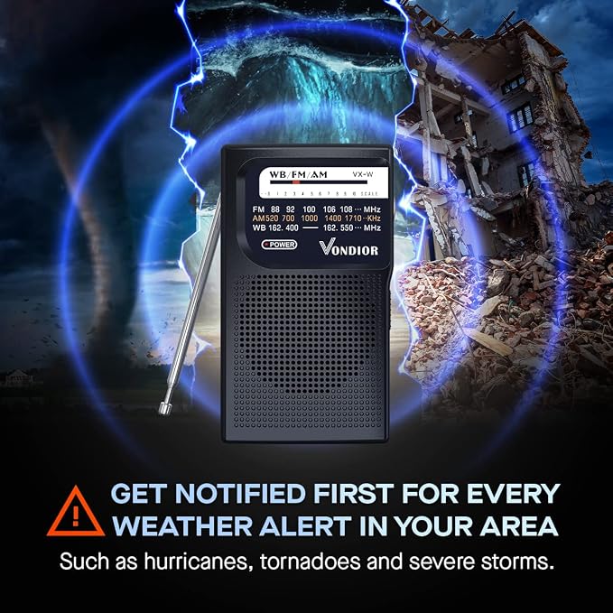 Vondior Portable NOAA Weather Radio, Battery Operated Emergency NOAA/AM/FM Radio - Image 4