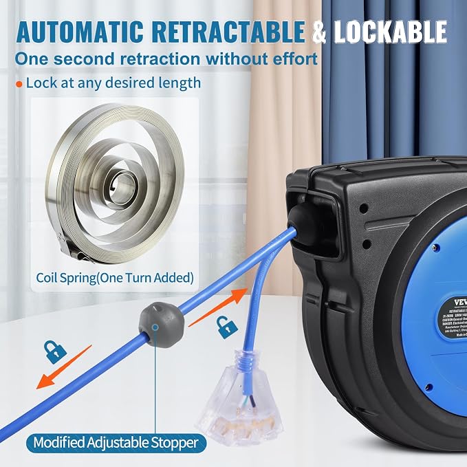 VEVOR 75FT Retractable Extension Cord Reel, 14AWG/3C SJTOW Heavy Duty Power - Image 5