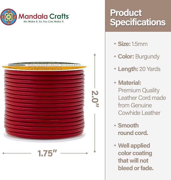 Mandala Crafts Round Genuine Burgundy Leather Cord - Image 4