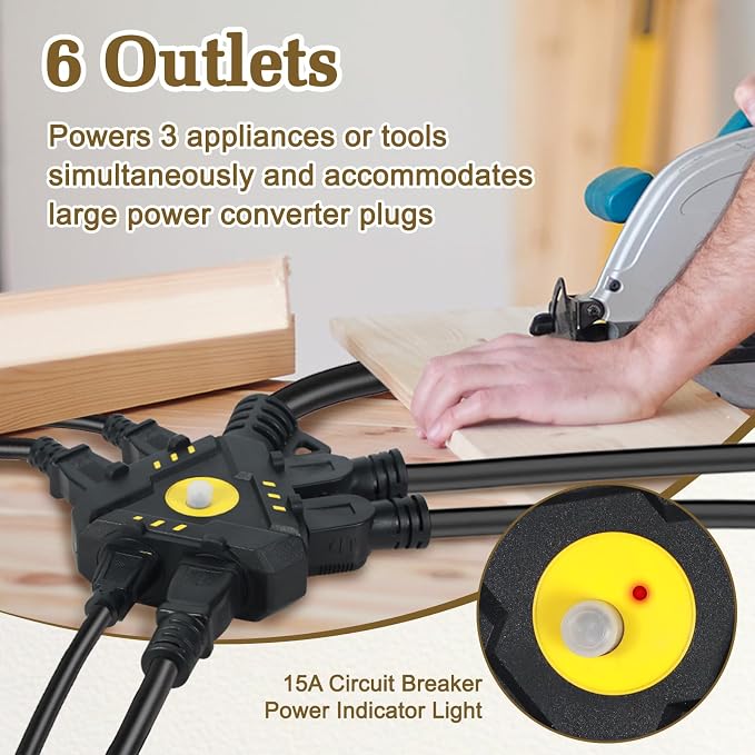 15FT 14 Gauge Outdoor Extension Cord 6-Outlet 14/3 SJTW Heavy Duty Extension - Image 3