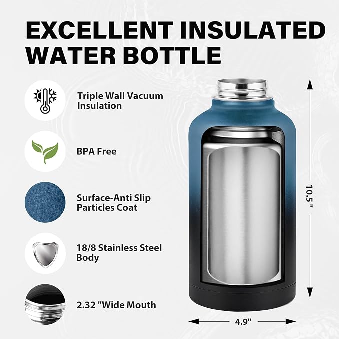 Insulated Water Bottle 64 oz, Triple Wall Vacuum Stainless Steel Water Bottles - Image 4