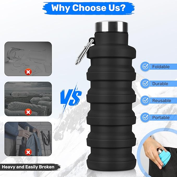 Collapsible Water Bottle, 16oz Portable Reusable Silicone Water Bottle - Image 3