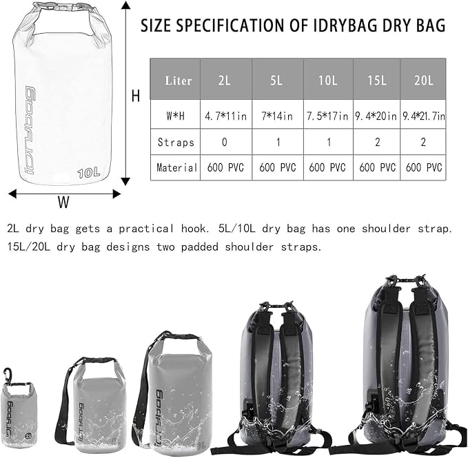 IDRYBAG Dry Bag for Kayaking Waterproof 2L/5L/10L/15L/20L, Small Dry Sack - Image 3