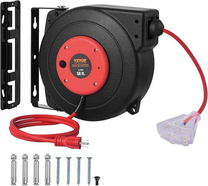 VEVOR Retractable Extension Cord Reel, 50 FT, Heavy Duty 14AWG/3C SJTOW by VEVOR