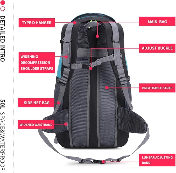 Bseash 50L Hiking Backpack, Water Resistant Lightweight Outdoor Sport Daypack - Image 9