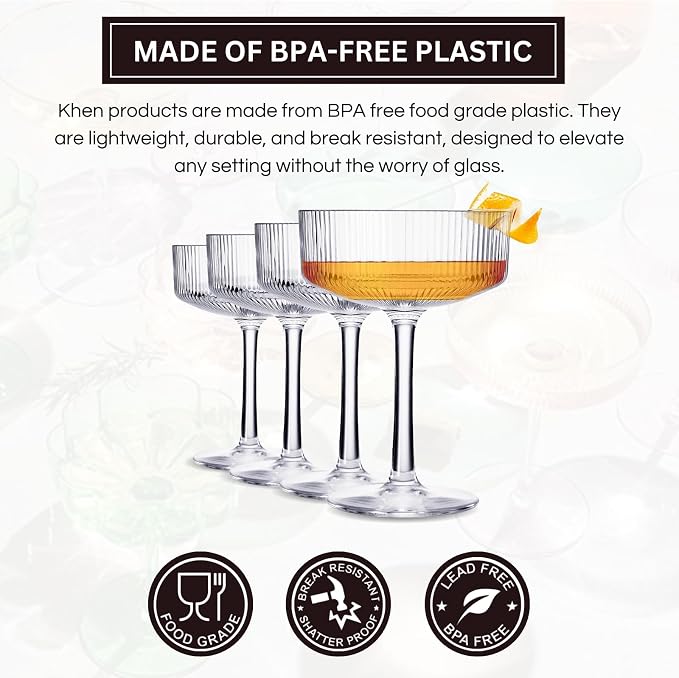 Khen Vintage Art Deco Shatterproof Coupe Martini, Champagne & Cocktail Glasses - Image 3