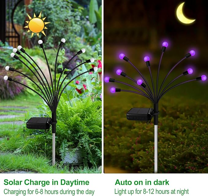 Kohlrabi Solar Garden Lights Outdoor, 6 Pack 48 LED Solar Purple Firefly Lights - Image 3