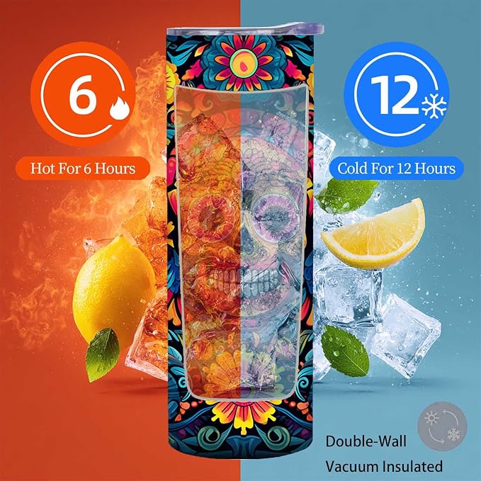 Firmiso 20 oz Tumbler｜Skinny Insulated Travel Mug｜Sugar Skull Floral Stainless - Image 4