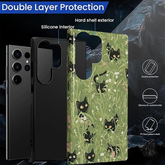 for Samsung Galaxy S24 Ultra Case, HL2 Grass Cat Hybrid 2 Layer Hard Shell - Image 2