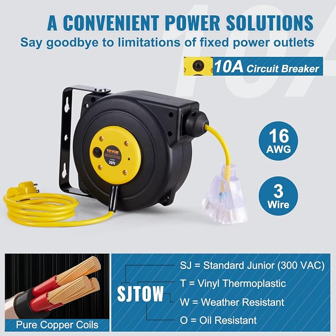 VEVOR Retractable Extension Cord Reel, 30 FT, Heavy Duty 16AWG/3C SJTOW - Image 4