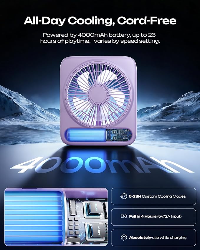Otlonpe Personal Portable Desk Fan, 4000mAh Small Rechargeable Portable Fan - Image 3
