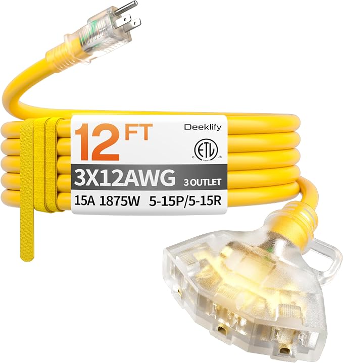 12 ft 12 Gauge Heavy Duty 3 Outlet Extension Cord Splitter by Deeklify