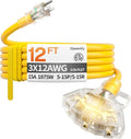 12 ft 12 Gauge Heavy Duty 3 Outlet Extension Cord Splitter by Deeklify