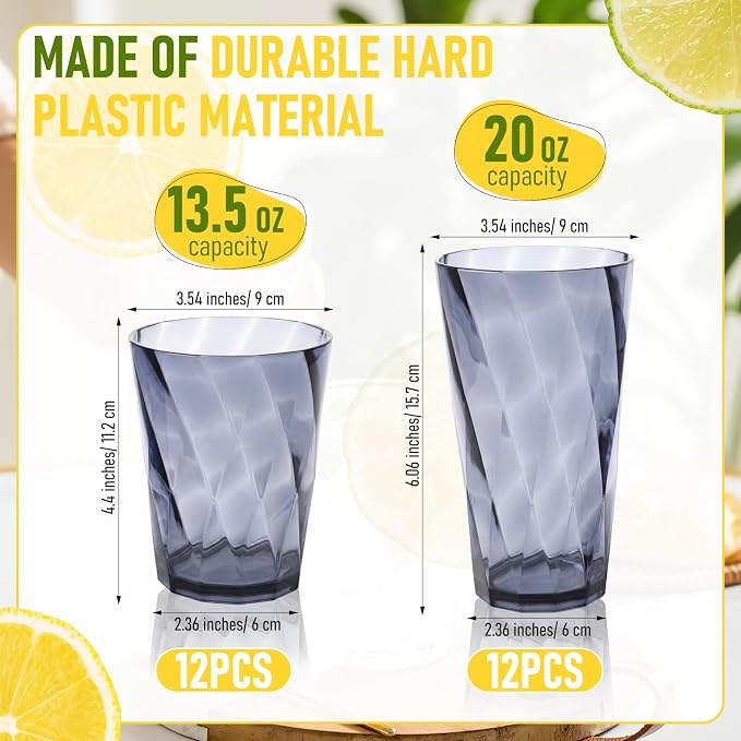 LemonRoad 24 Pack Reusable Plastic Drinking Glasses Set - 20oz & 13.5oz - Image 2