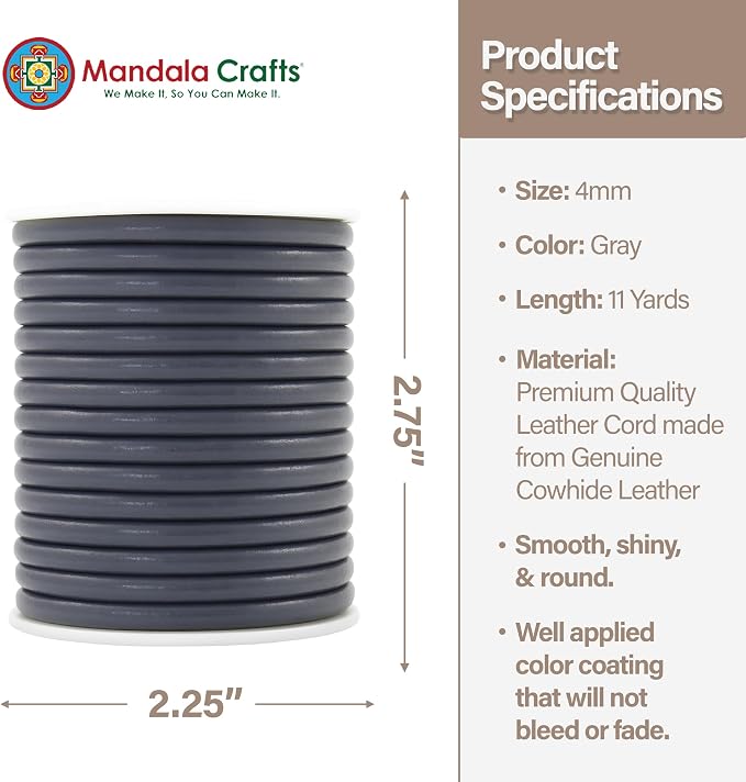 Mandala Crafts Round Cowhide Genuine Gray Leather Cord - Image 4