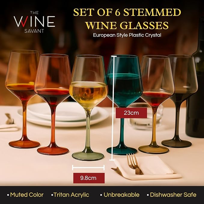 European Style Plastic Crystal, Stemmed Wine Glasses | Set of 6 | Acrylic - Image 3
