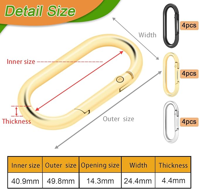 12Pack Oval Large Carabiner Clip, Metal Spring Snap Hooks Keyrings Clip - Image 2