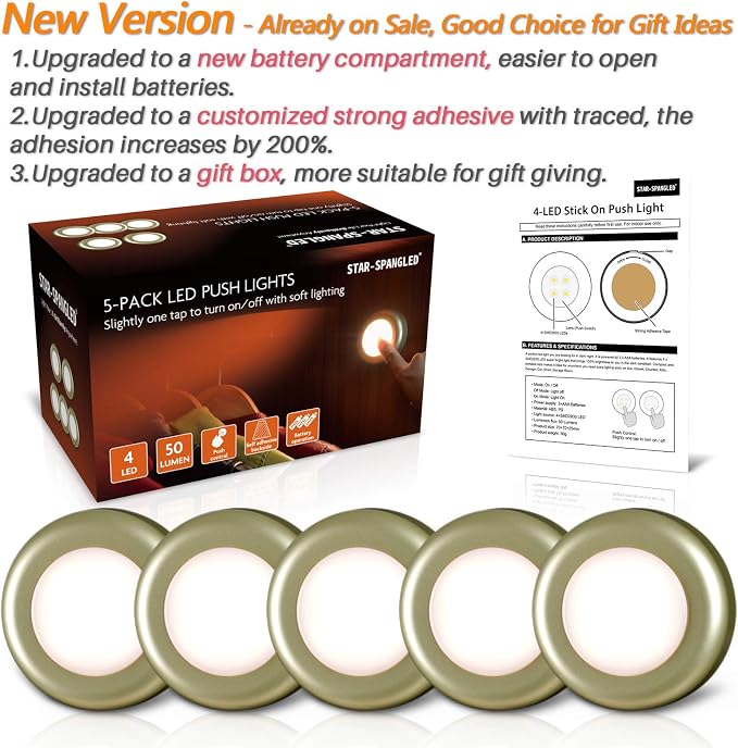 STAR-SPANGLED 5 Pack 2.8” Push Tap Lights, Stick on Touch Puck Lights AAA - Image 6