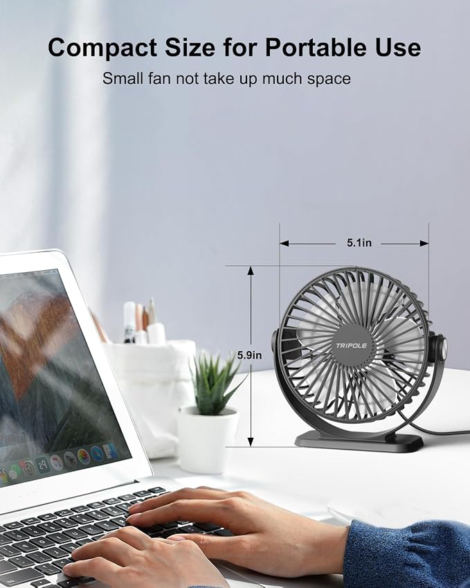 TriPole Small Desk Fan USB Powered Portable Fan 3 Speeds Strong Airflow Mini - Image 4