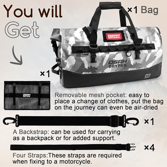 OSAH DRYPAK Waterproof Duffel Bag 25L/40L/60L – Heavy-Duty Motorcycle Tail Bag - Image 8