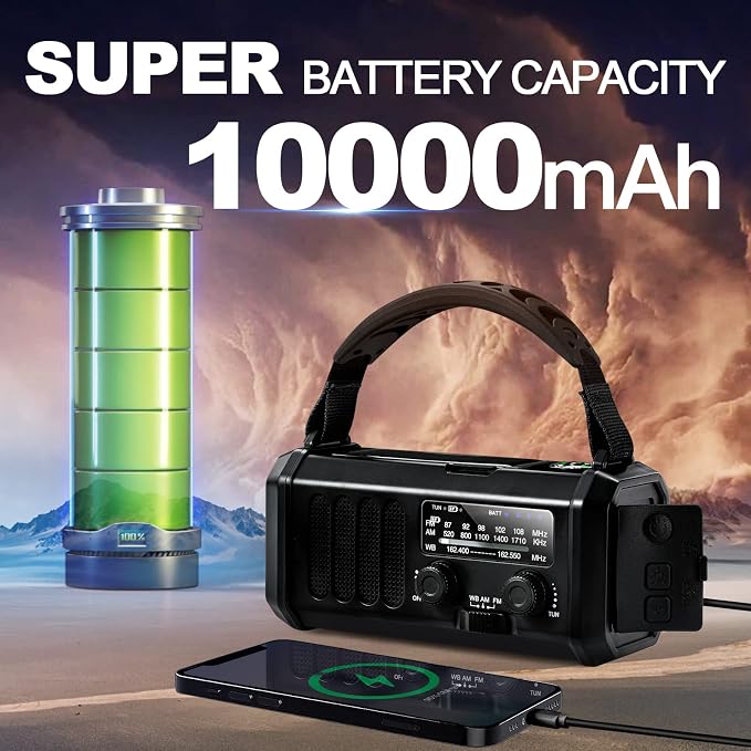 10000mAh Emergency Weather Radio, Portable FM/AM/NOAA Battery Powered Survival - Image 2