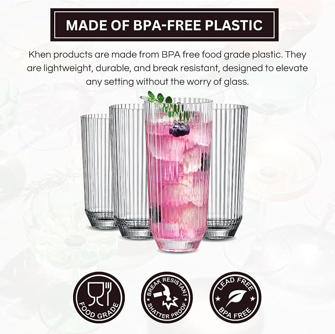 Khen Plastic Acrylic Ribbed Drinking Glasses – Set of 4 Clear 11.8oz Tritan - Image 3