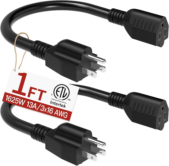 16/3 Short Extension Cord 1 FT 2 Pack, Indoor 3 Prong Power Cable, Suitable by Skrizcable