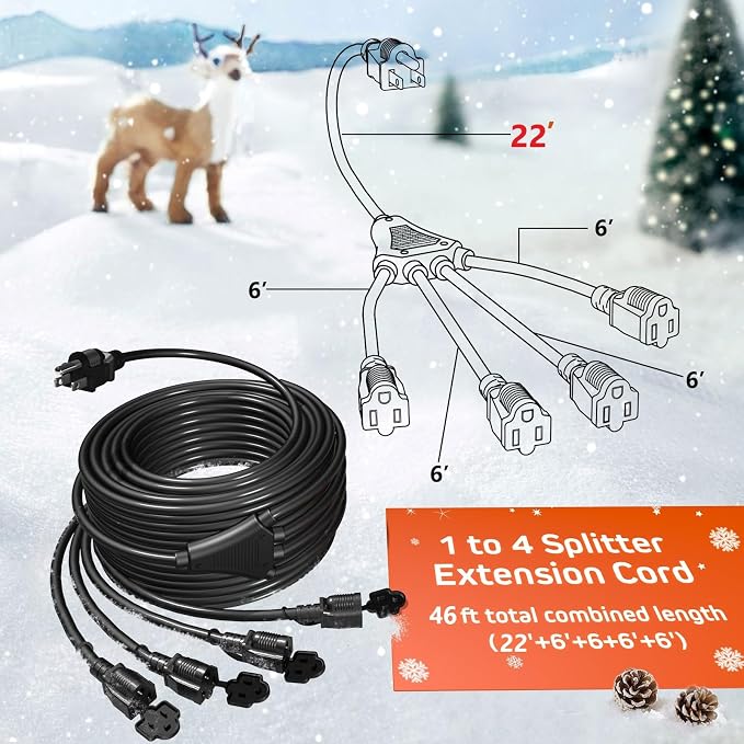 Eversimpleinc Black 1 to 4 Splitter Extension Cord, 3 Prong Plug - Image 2