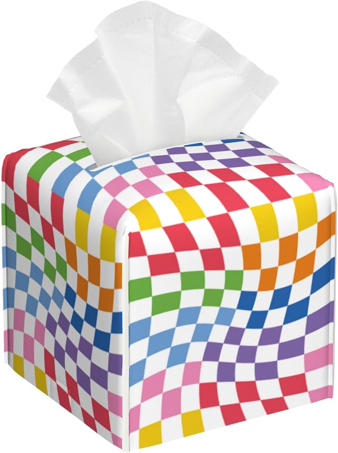 Tissue Box Cover Square, Colorful Wavy Checkerboard Tissue Box Holder by Unknown