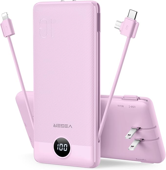 VEGER Portable Charger with Built-in AC Plug and Cables, All in One 10000mAh by VEGER