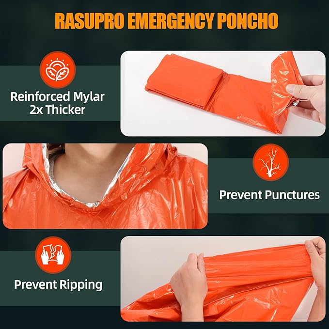 4 Pack Emergency Ponchos with Thickened Mylar Blanket Lining, Waterproof - Image 6