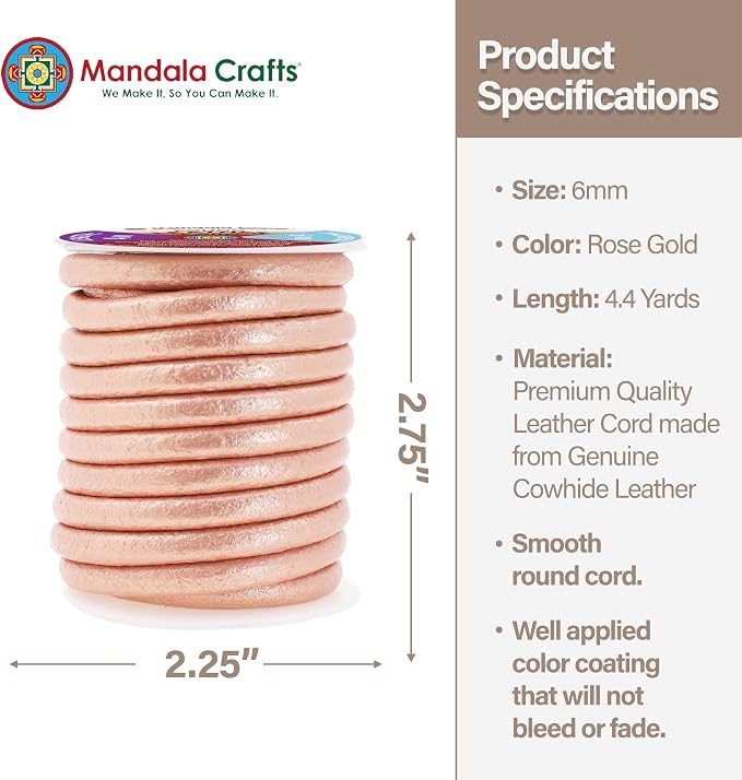 Mandala Crafts Round Genuine Rose Gold Leather Cord - Image 4