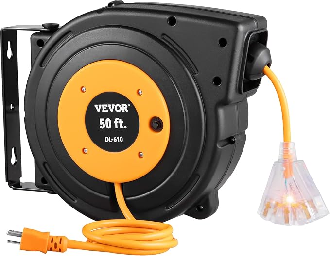 VEVOR Retractable Extension Cord Reel, 50 FT Heavy Duty 14AWG/3C SJTOW Power by VEVOR