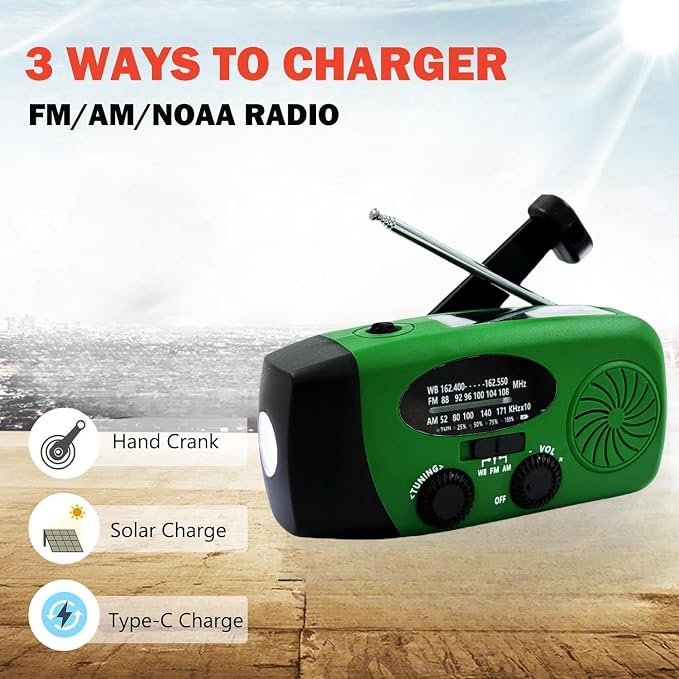 2000mAh Weather Emergency Radio, Portable Solar AM/FM/NOAA Hand Crank Radio - Image 8