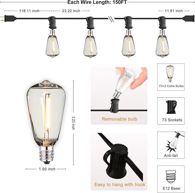 DAMAING Outdoor String Lights 150 FT Patio Lights String - Image 6