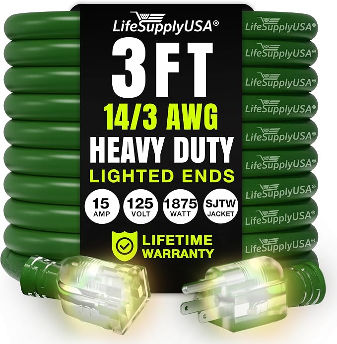 3ft Outdoor/Indoor Extension Cord 14/3 Gauge Heavy Duty 3 Prong SJTW, Waterproof by LifeSupplyUSA