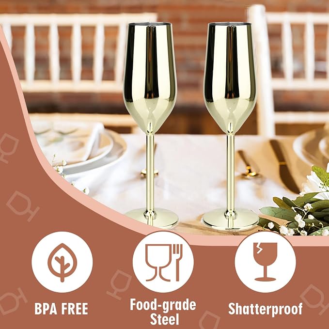 TJ Unbreakable 8 Oz Stainless Steel Champagne Flutes- Gold Champagne Glasses - Image 2