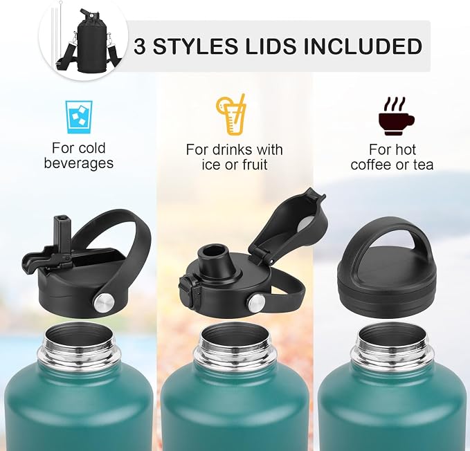 Water Bottle Insulated 32oz 40oz 64oz 128oz Straw Lid Spout Lid & 3 Lids - Image 5