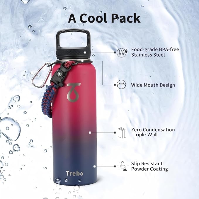 Trebo 40oz Water Bottle with 3 Lid and handle, Vacuum Insulated Stainless Steel - Image 6