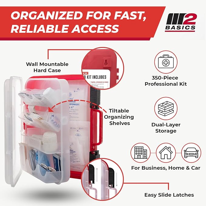 M2 BASICS Professional 350 Piece First Aid Kit, Wall Mountable Dual Layer Hard - Image 2