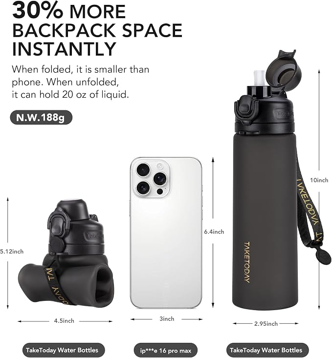 TakeToday Collapsible Water Bottles 21oz, Foldable Platinum Silicone Travel - Image 5