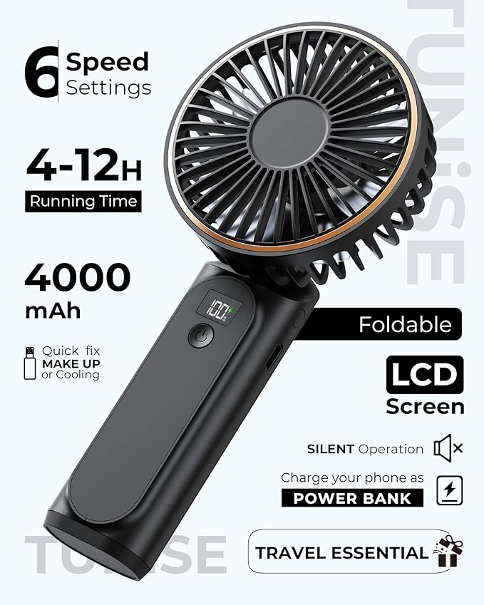 TUNISE Portable Handheld Fan, Portable Fan Rechargeable, 180° Adjustable - Image 2