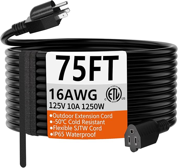 HUANCHAIN 75 FT 16 Gauge Black Indoor Outdoor Extension Cord Waterproof by huanchain