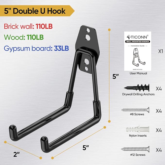 TICONN 2 Pack Heavy Duty Garage Hooks, Steel Utility Wall Storage Hooks - Image 4