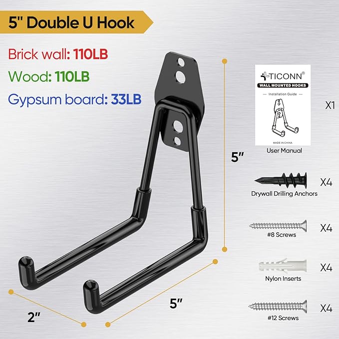 TICONN 2 Pack Heavy Duty Garage Hooks, Steel Utility Wall Storage Hooks - Image 4