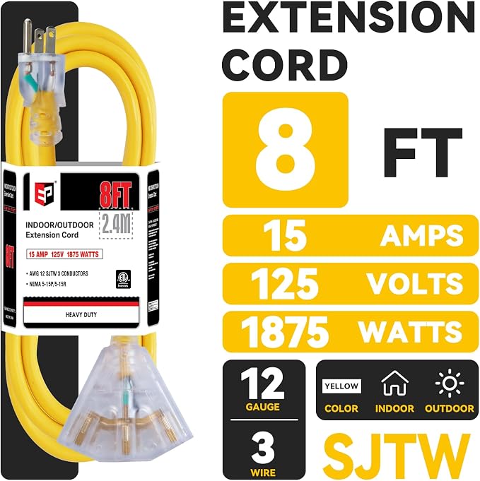 EP 8 Ft 12 Gauge Heavy Duty Extension Cord, 15A 125V 1875W, 3 Outlet - Image 2