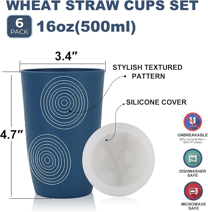 Wrova Wheat Straw Cups with Silicone Covers 16oz Set of 6 - Image 2