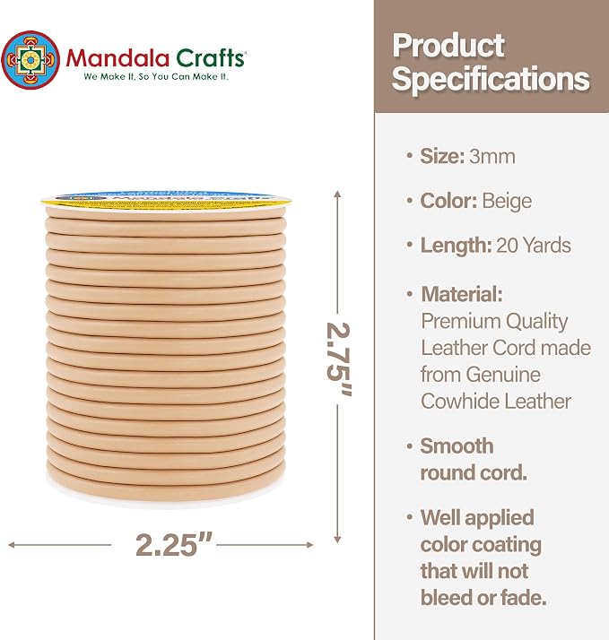 Mandala Crafts Round Genuine Beige Leather Cord - Image 4